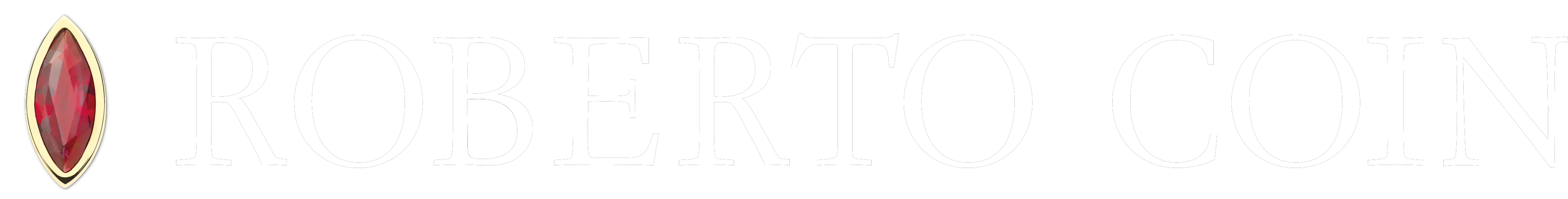Logo for Roberto Coin which is their name in all capital letters next to a marquise shaped diamond on the left