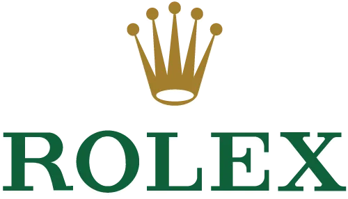 Logo for Rolex displays a gold crown on top of green capital letters that spell ROLEX