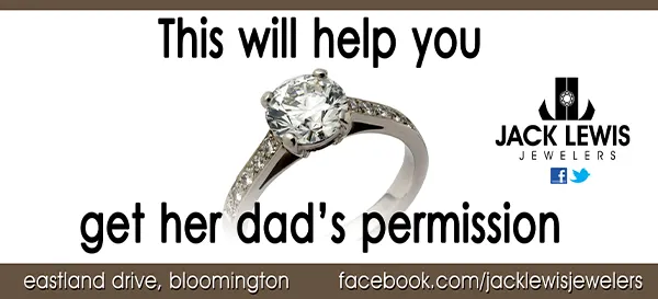An advertising campaign billboard from 2011 that features a  diamond engagement ring and says "This will help you get her dad's permission"