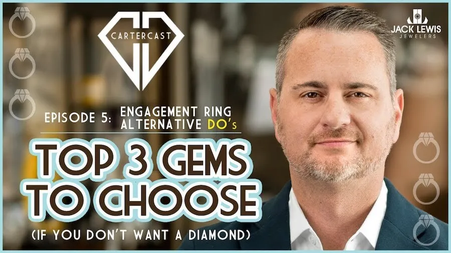 thumbnail image of a YouTube video with headshot of CEO John Carter on the right, the Jack Lewis Logo, the CarterCast Logo and the words, "Top 3 Gems to Choose if you Don't Want a Diamond"