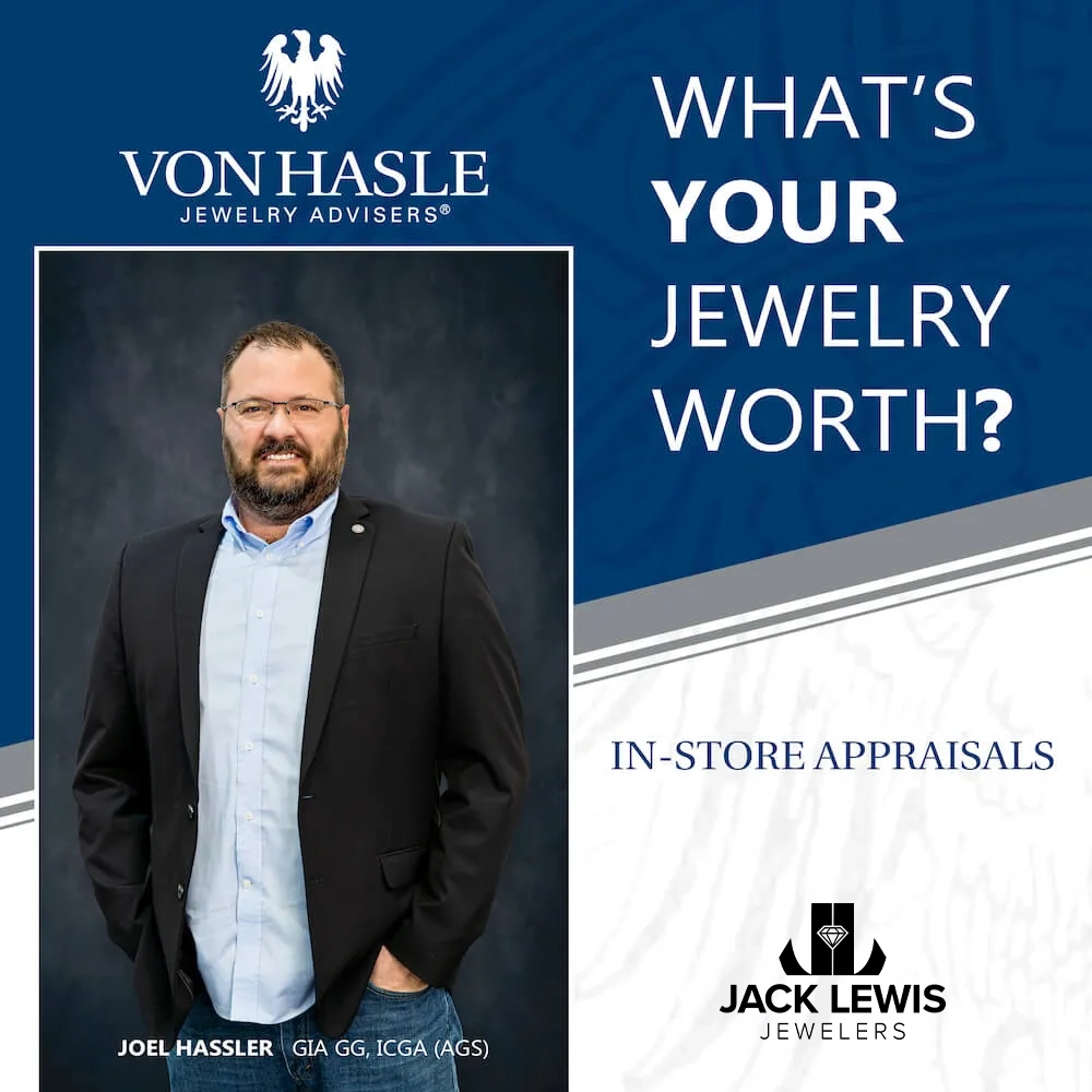 Headshot of Appraiser Joel Hassler  wearing glasses with a brown goatee underneath the tagline, "What's Your Jewelry Worth?"