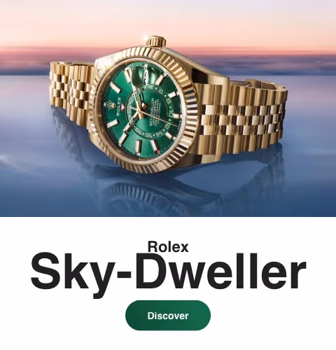 Centered in a clean, light-filled setting with a serene horizon backdrop, the Rolex Sky-Dweller in 18 ct yellow gold features a 42 mm case, bright green dial, and Jubilee bracelet. Designed for world travelers, it offers an annual calendar and a fluted bezel, blending innovation with classic style. Jack Lewis Jewelers of Bloomington, Illinois, now at 3011 Galena Rd, is proud to be part of the worldwide network of Official Rolex Jewelers.