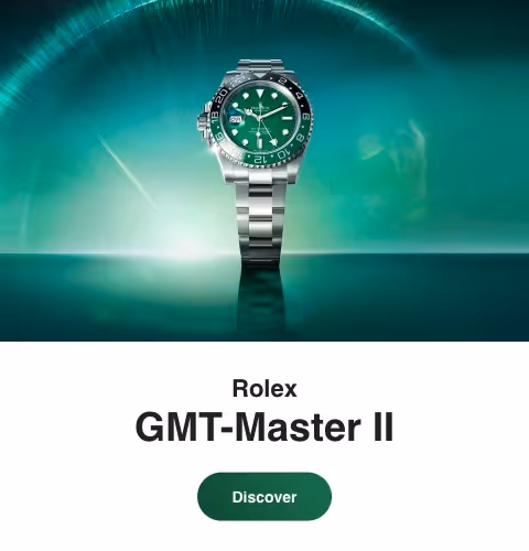 Positioned to the left against a radiant green gradient backdrop, the Rolex GMT-Master II in Oystersteel features a striking green dial and black Cerachrom bezel insert. Its robust 40 mm Oyster case, equipped with a bidirectional rotatable bezel and 24-hour graduated scale, embodies functionality and timeless design. Powered by the calibre 3285, a self-winding mechanical movement, this watch offers precision and dual time zone capability. Presented on an Oyster bracelet, the GMT-Master II is the traveler’s ultimate companion. Jack Lewis Jewelers of Bloomington, Illinois, now at 3011 Galena Rd, is proud to be part of the worldwide network of Official Rolex Jewelers.