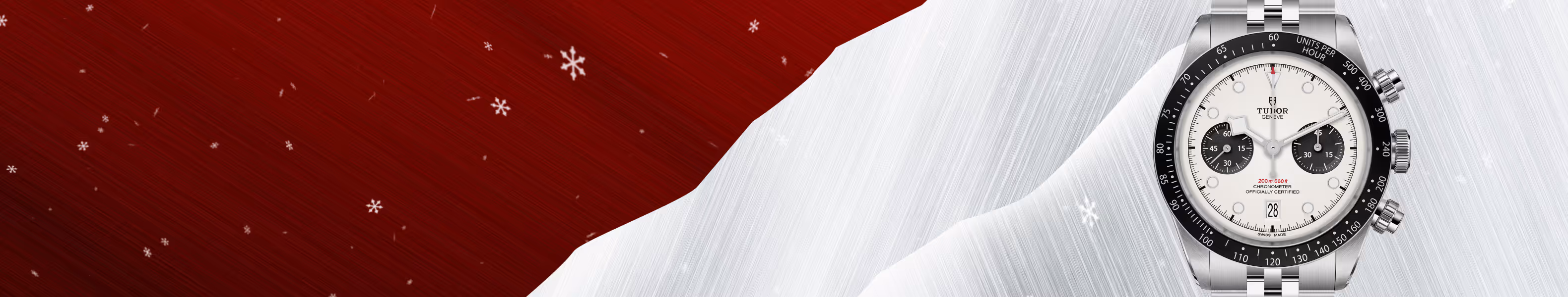 The TUDOR Black Bay Chrono, model M79360N-0014, features a 41mm stainless steel case with polished and satin finishes, a domed opaline dial with contrasting black subcounters, and a fixed tachymeter bezel in black anodized aluminum. Equipped with the Manufacture Calibre MT5813, this chronograph offers a 70-hour power reserve and COSC-certified precision. Displayed on the right side of the image against a festive red-and-silver background with softly falling snowflakes, the watch is presented on a riveted stainless steel bracelet. Jack Lewis Jewelers, located at 3011 Galena Rd, Bloomington, Illinois, is proud to be part of the worldwide network of Official TUDOR Jewelers, authorized to sell and service TUDOR watches.