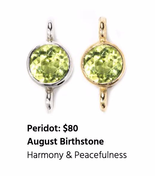 olive green peridot charms in yellow gold and white gold