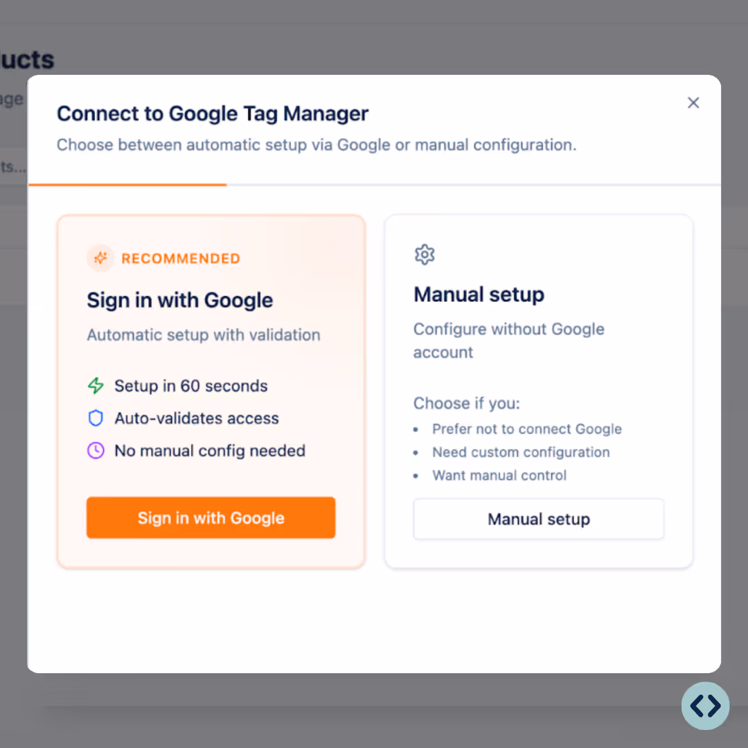 Screenshot from the TAGGRS dashboard. A popup window lets you decide whether you want to create your account by signing in with Google or going with the manual setup.