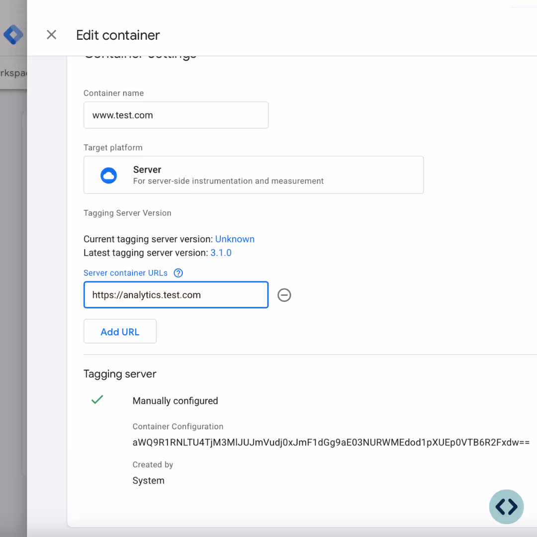 Screenshot from Google Tag Manager. A popup window let you edit your server container and get the code you have to copy in your TAGGRS product.