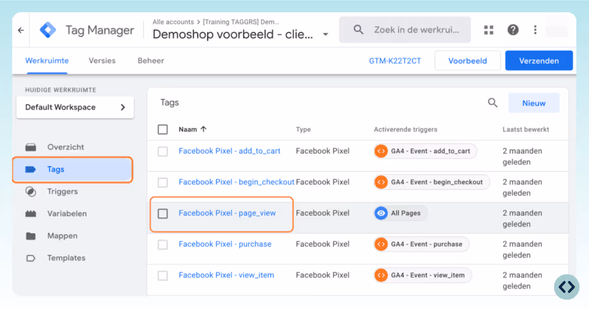 Screenshot from Google Tag Manager where the Facebook Pixel is selected to et Meta event deduplication