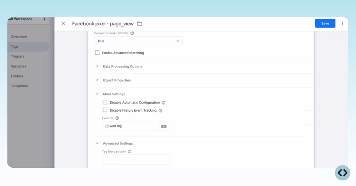 Screenshot from Google Tag Manager to set the unique Event ID variable