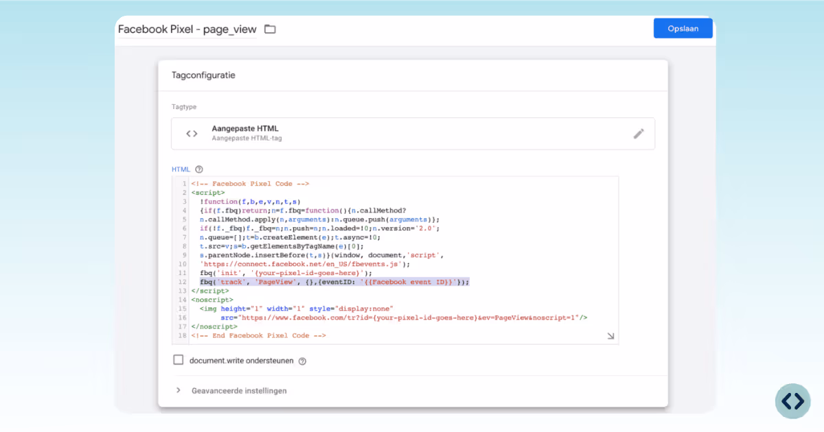 Screenshot from Google Tag Manager to set up the variable via a custom HTML script