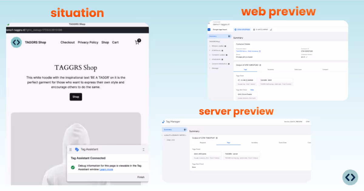 Situation, preview of the web container and preview of the server container of the TAGGRS webshop used in this guide to test the GTM setup