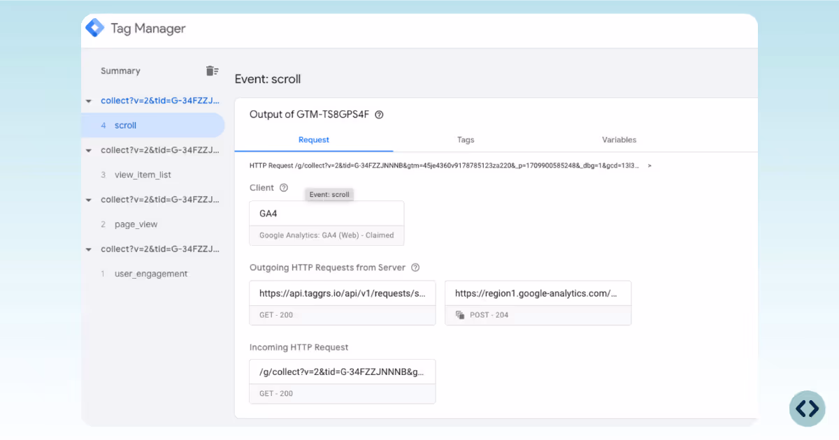 Request incoming in the Google Tag Manager server container
