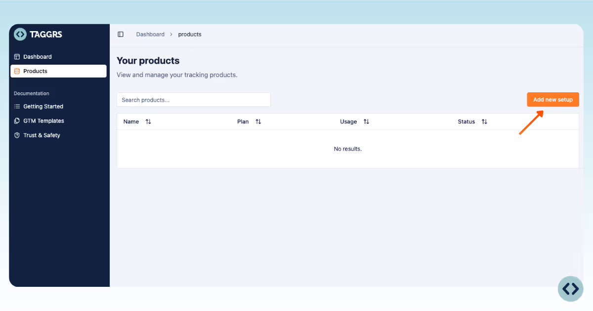 dashboard of TAGGRS software where you can see how to add new setup and configure your first project