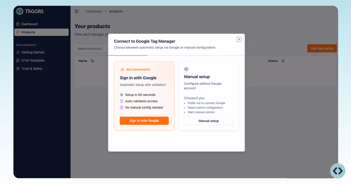 Popup window showing the two setup option you can get to set up your Server-side Tracking with TAGGRS: manual and automatic