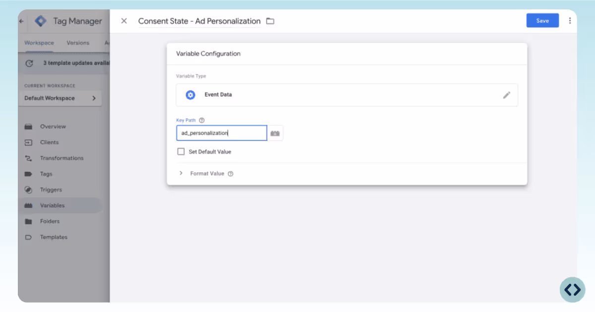 create consent state variable Consent State - Ad Personalization - server container consent mode v2