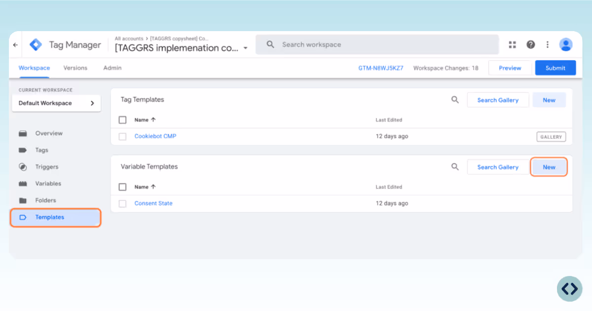 Create a new template GTM web container