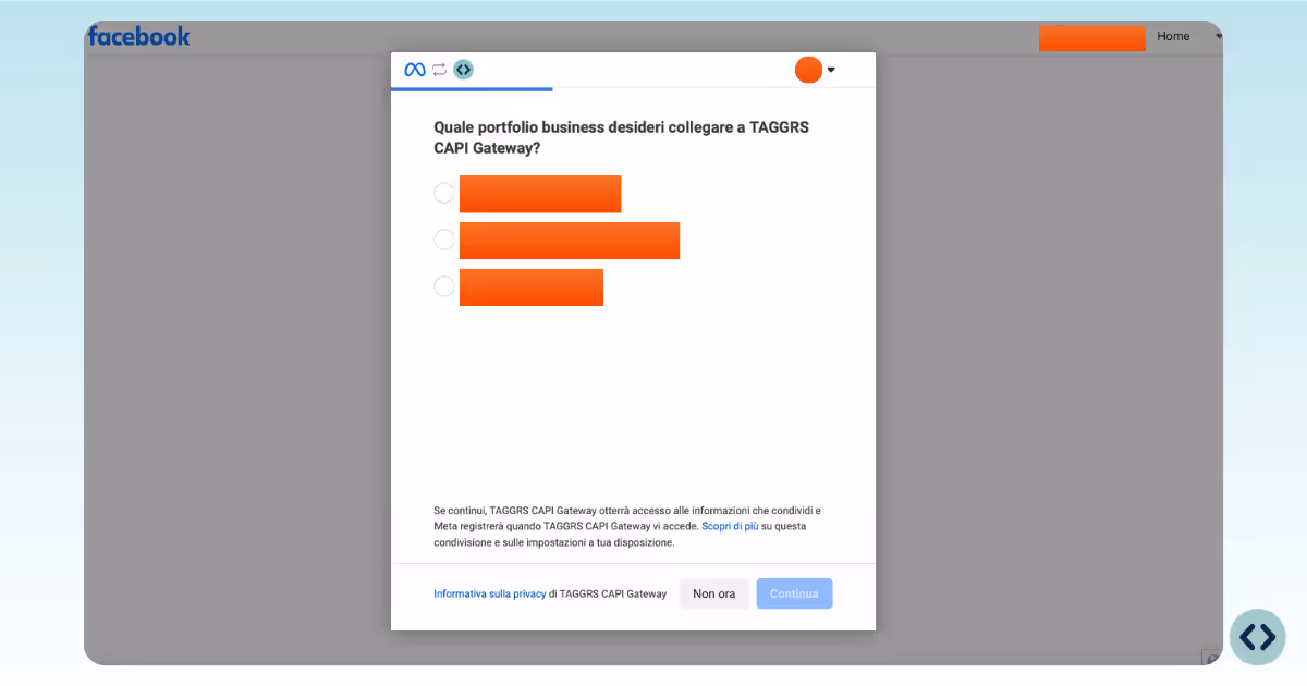 Select the Facebook business portfolio you want to link to the TAGGRS Meta CAPI Gateway