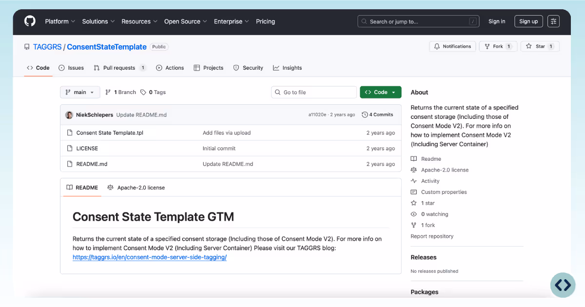 GitHub dashboard where you can find the Consent State Template for Google Tag Manager by TAGGRS
