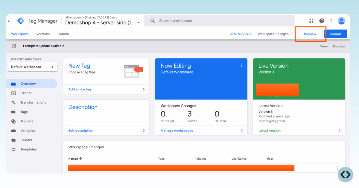 Dashboard of Google Tag Manager where Preview is highlighted in the top-right corner of the screen. It is the first step to implement the Webhook tester to your products.