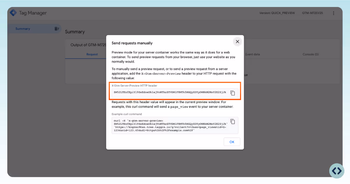 Popup window in Google Tag Manager preview mode where the GTM Server Preview HTTP Header is highlighted as it's needed to implement the webhooks tester by TAGGRS