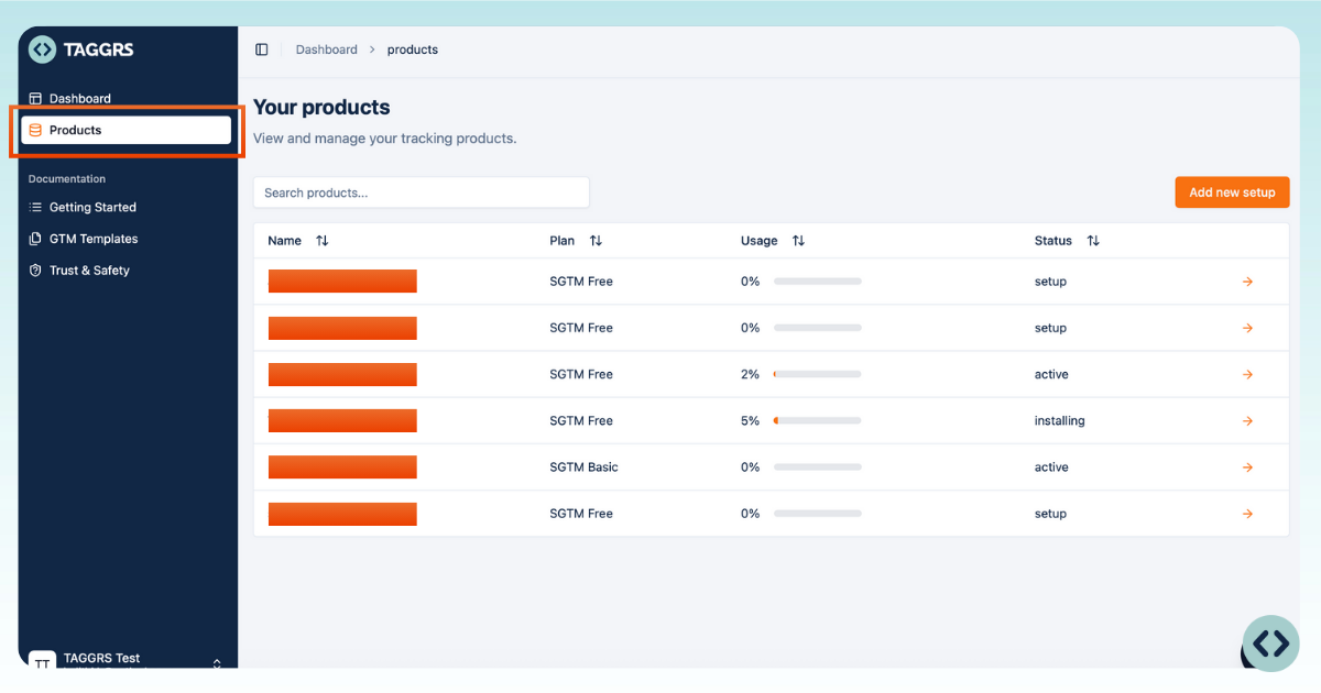 TAGGRS Server-side Tracking dashboard where the Products section is highlighted for the implementation of webhooks tester