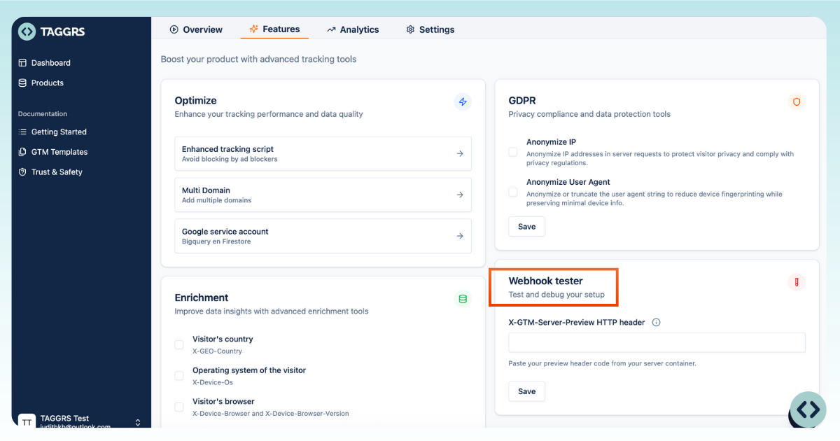 Webhook tester by TAGGRS in the Features section of the Server-side Tracking dashboard