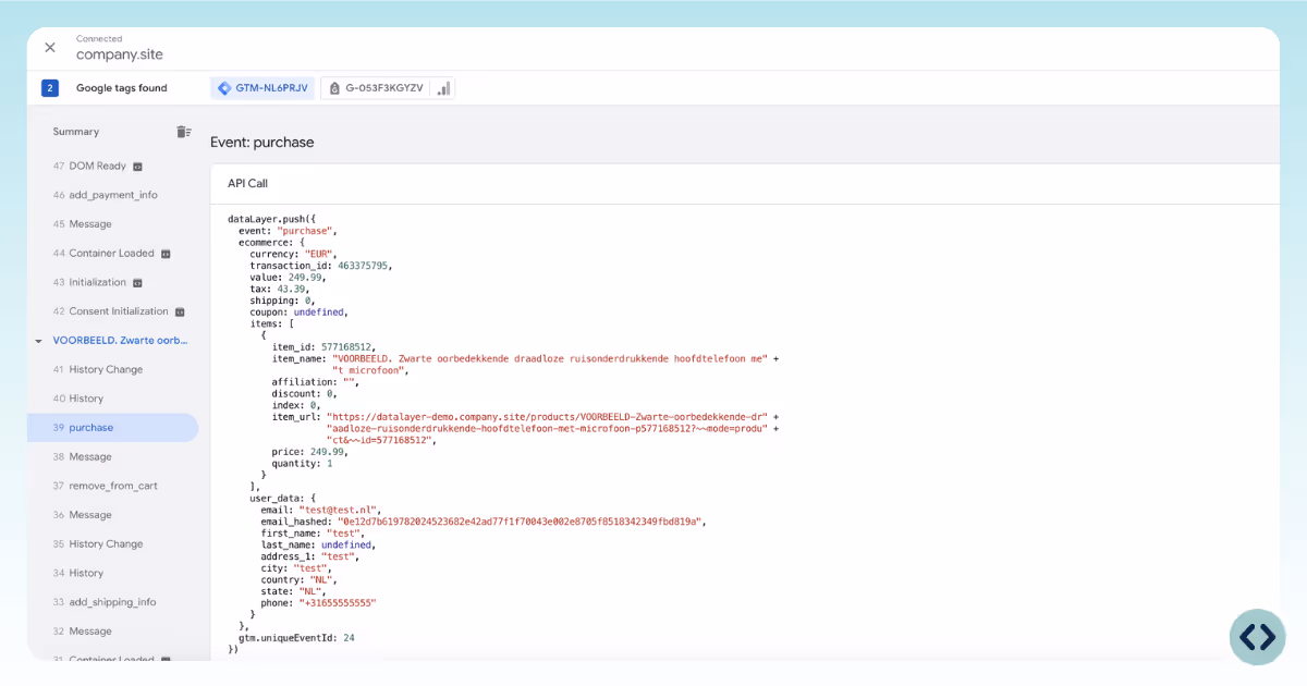 Example of data layer in Google Tag Manager