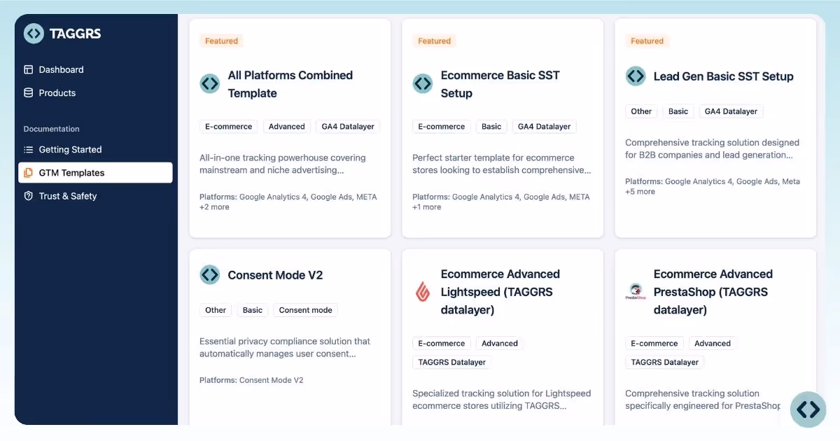 Gallery of Google Tag Manager templates developed by TAGGRS Implementation Experts which is available for free for all the TAGGRS users