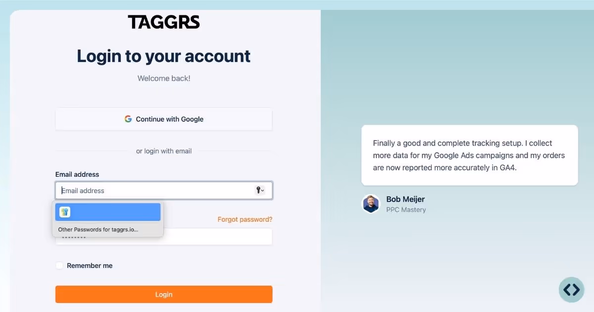 Login page of TAGGRS tracking app