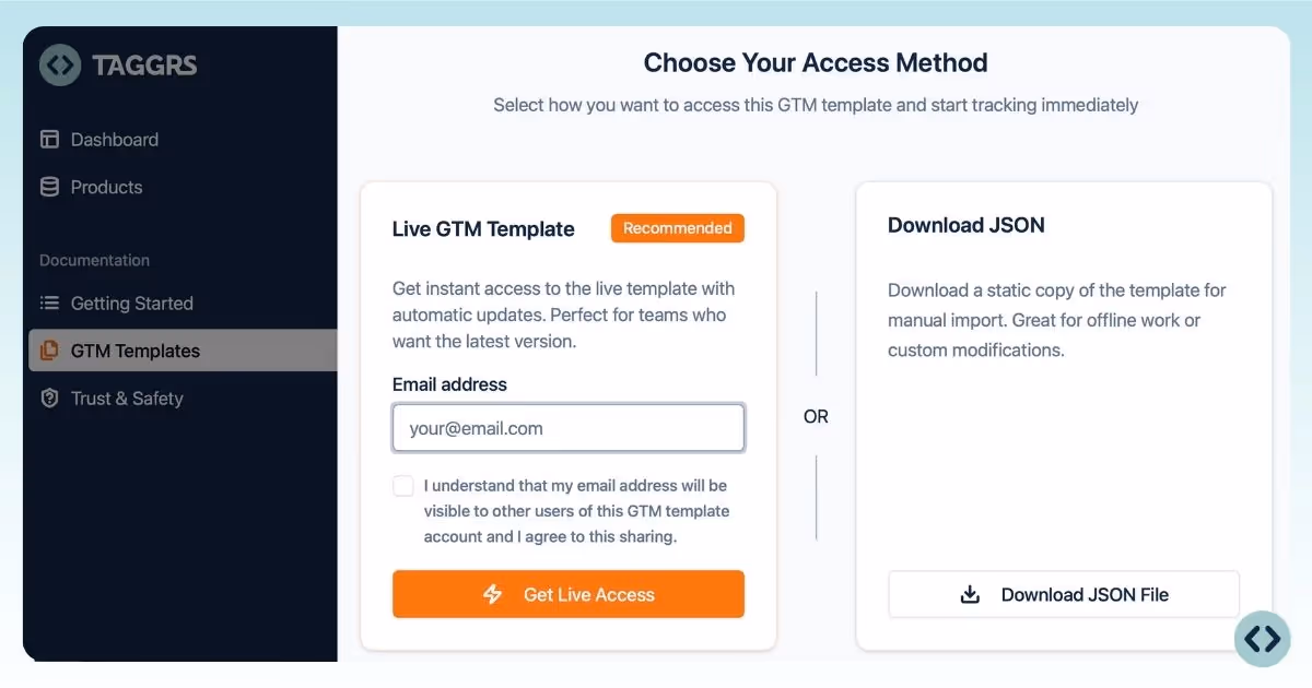 Two methods of access and download the TAGGRS GTM templates