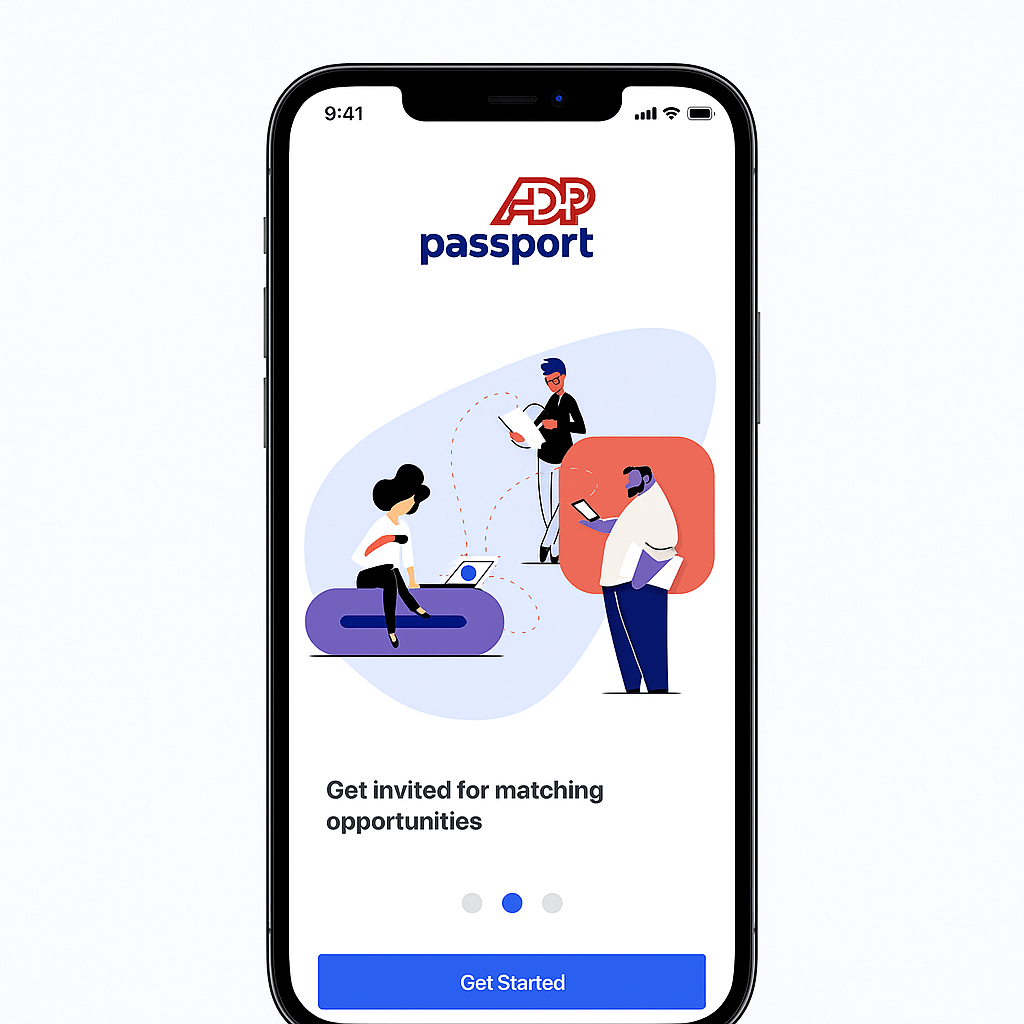 Mobile phone app for ADP Passport screen.