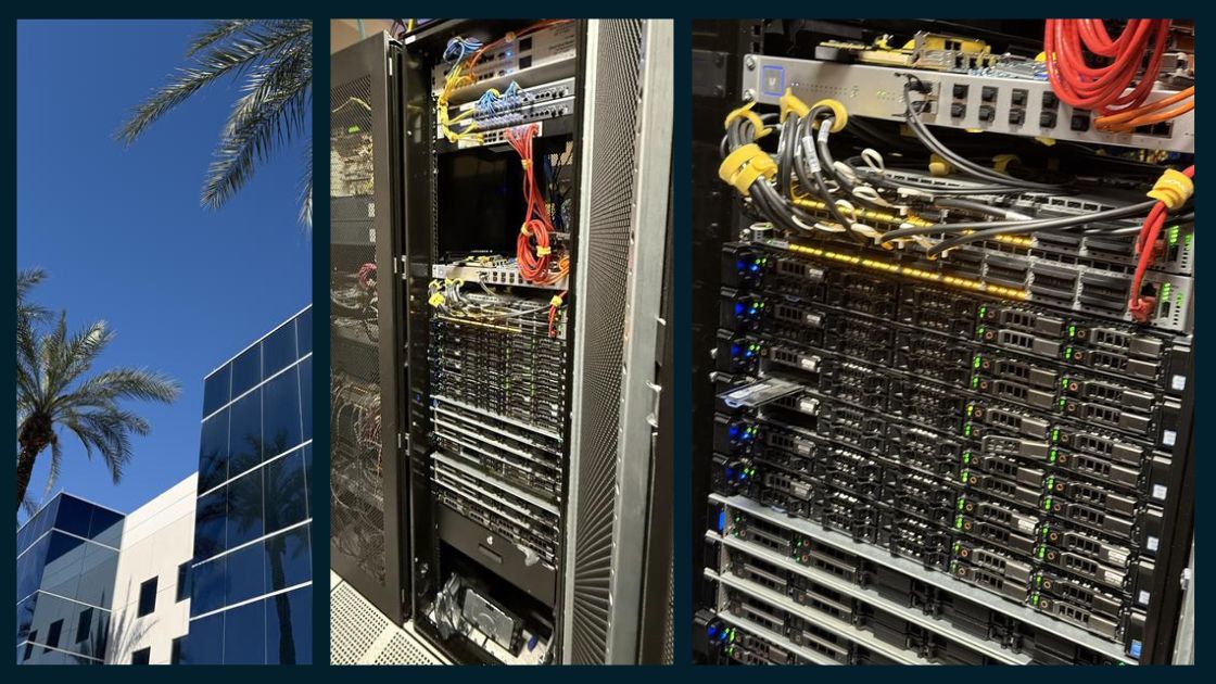 Three-panel image showing a modern data infrastructure. The first panel features the exterior of a sleek building with reflective glass windows and palm trees under a clear blue sky. The second and third panels display close-up views of server racks inside a data center, filled with powered-on networking equipment, including servers, switches, and neatly organized color-coded cables (yellow, red, and blue).