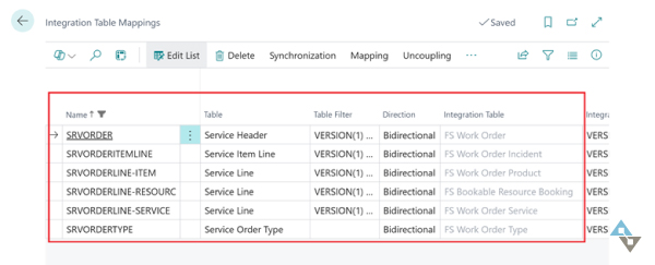 "Screenshot of a software interface titled 'Integration Table Mappings,' displaying a list of bidirectional mappings between service-related tables and integration tables. Highlighted entries include mappings such as 'SRVORDER' linked to 'FS Work Order,' and 'SRVORDERLINE-ITEM' linked to 'FS Work Order Product.' Each row includes columns for Name, Table, Table Filter (e.g., VERSION()...), Direction, and Integration Table.