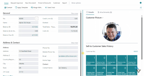 Screenshot of a customer information dashboard from business management software. The left section displays general details for customer No. 40000, Alpine Ski House, including a balance of $4,316.62, zero credit limit, and total sales of $18,974.20. Address and contact info lists 10 Deerfield Road, Atlanta, GA 31772, with contact Ian Deberry and email ian.deberry@contoso.com. The right section shows a customer picture and sales history, including 1 open sales quote, 1 open sales order, and 28 posted sales orders.