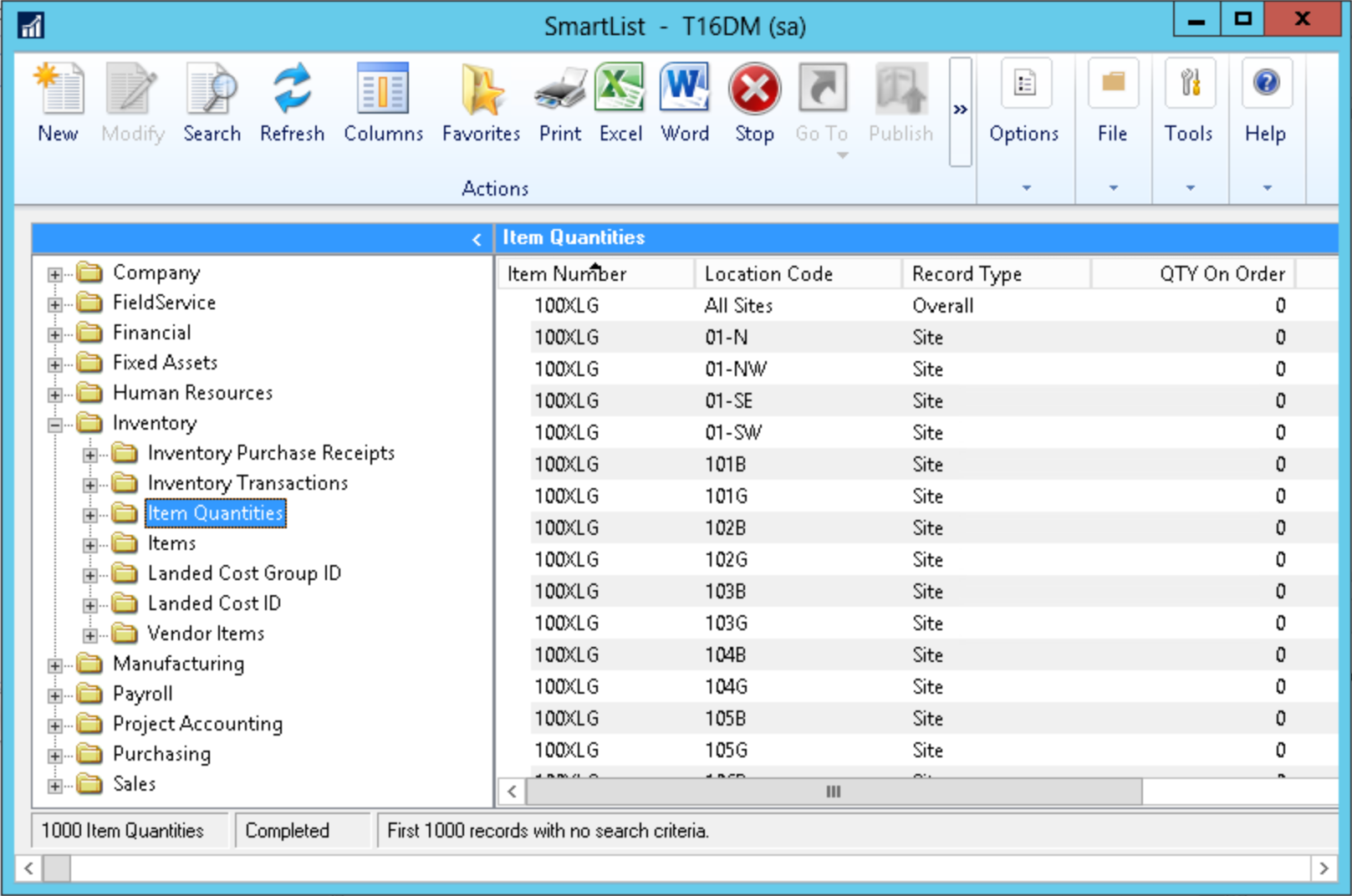 Screenshot of the SmartList software interface, showing the T16DM (sa) instance. The left panel displays folder categories such as Company, Financial, Inventory, Manufacturing, and Sales. The Inventory folder is expanded, revealing subfolders like Inventory Purchase Receipts, Inventory Transactions, and Item Quantities. The Item Quantities subfolder is selected, displaying a table with item number '100XLG' across various location codes (e.g., All Sites, 01-N, 101B, 106G). Each entry shows a record type of 'Site' or 'Overall' and a quantity on order of 0.
