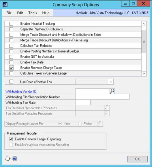 Use Tax Company SettinScreenshot of a 'Company Setup Options' window from business management software for Alta Vista Technology LLC, dated 12/31/2016. The interface includes checkboxes and fields for configuring tax and reporting settings. Options include enabling Intrastat Tracking, GST for Australia, reverse charge taxes, and general ledger tax calculations. Withholding tax settings include fields for Vendor ID, File/Reconciliation Number, and Tax Rate. A Management Reporter section allows enabling general ledger and analytical accounting reporting. Logged-in user is 'dvaladegs