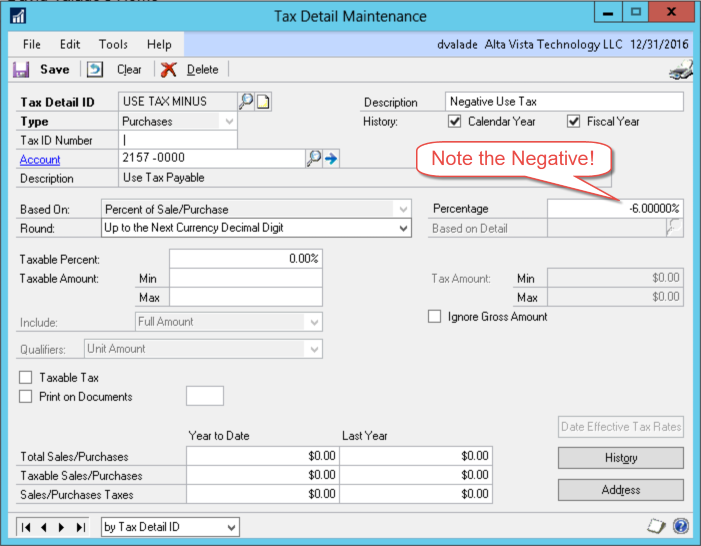 Screenshot of a 'Tax Detail Maintenance' window from accounting software showing configuration for a purchase-related tax labeled 'USE TAX MINUS'. Tax ID Number is '1', linked to Account '2157-0000', described as 'Use Tax Payable'. Tax rate is set to -6.00000%, with a note pointing to the negative value. Tax is based on percent of sale/purchase, rounded up to the next currency decimal digit. Taxable percent is 0.00%, and all minimum/maximum amounts and year-to-date/last year totals for sales/purchases and taxes are $0.00. Additional options include qualifiers, taxable tax, and print on documents.