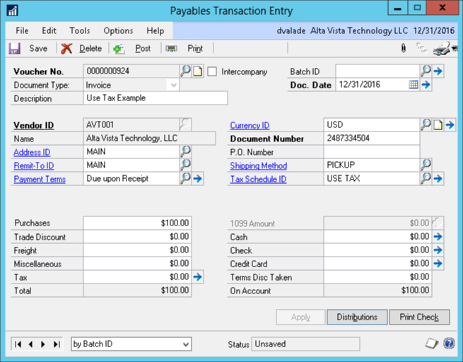 Screenshot of a 'Payables Transaction Entry' window from accounting software for Alta Vista Technology LLC, dated 12/31/2016. The entry is for voucher number 0000000924, document type 'Invoice', with description 'Use Tax Example'. Vendor ID is 'AVT001', currency is USD, and document number is 2487334504. Shipping method is 'PICKUP' and tax schedule ID is 'USE TAX'. Purchase amount is $100.00, with $0.00 for trade discount, freight, miscellaneous, and tax, resulting in a total of $100.00. 1099 amounts for cash, check, credit card, terms discount taken, and on account are all $0.00 except 'On Account', which is $100.00.