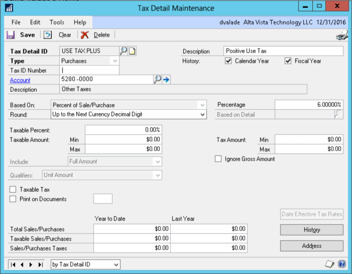 Screenshot of a 'Tax Detail Maintenance' window from accounting software. The interface displays tax configuration details for a tax labeled 'USE TAX PLUS' with type set to 'Purchases' and Tax ID Number '5280-0000'. Description reads 'Other Taxes'. Tax rate is 6.00000% based on percent of sale/purchase, rounded up to the next currency decimal digit. Taxable percent is 0.00% with minimum and maximum taxable and tax amounts set to $0.00. Includes full amount with qualifiers based on unit amount. Year-to-date and last year totals for sales/purchases and taxes are all $0.00. Buttons for Save, Clear, Delete, History, and Address are visible.