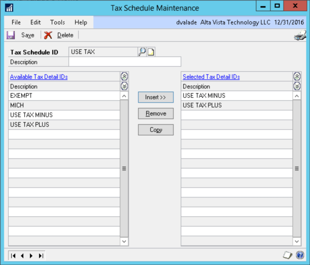 Screenshot of a 'Tax Schedule Maintenance' window from accounting software for Alta Vista Technology LLC, dated 12/31/2016. The interface shows a Tax Schedule ID labeled 'USE TAX'. On the left, the 'Available Tax Detail IDs' list includes EXEMPT, MICH, USE TAX MINUS, and USE TAX PLUS. On the right, the 'Selected Tax Detail IDs' list includes USE TAX MINUS and USE TAX PLUS. Buttons between the sections allow inserting, removing, and copying tax detail IDs. Menu options include File, Edit, Tools, and Help. Logged-in user is 'dvalade'.