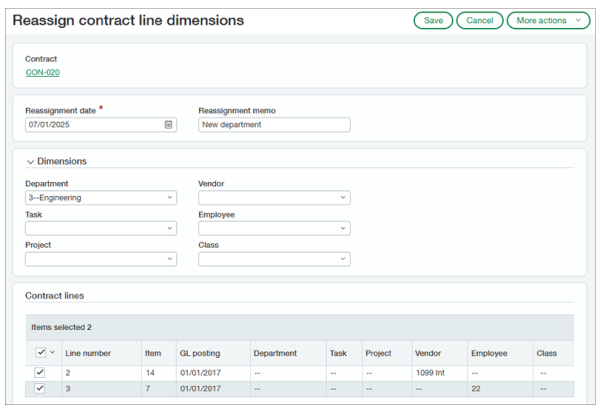 Sage Intacct 2025 release 3: Contracts - reassign dimensions on contract lines.