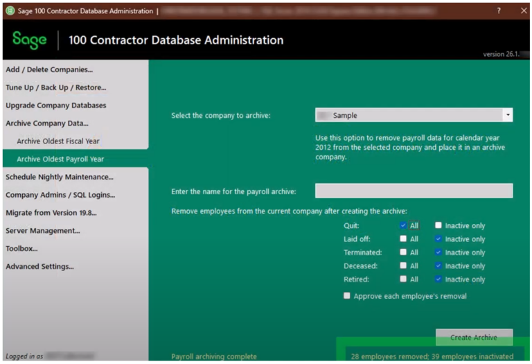 Sage 100 Contractor enhancement: combined archiving