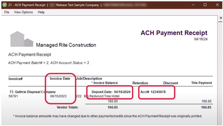 Sage 100 Contractor enhancement: Clearer ACH Payment Receipt