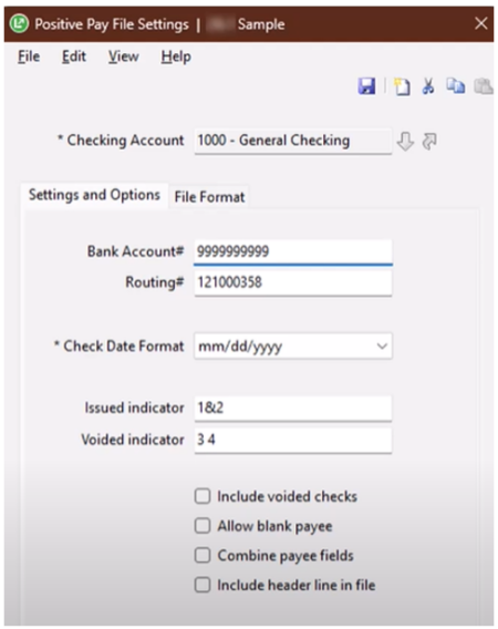 Sage 100 Contractor enhancement: Positive Pay File Settings