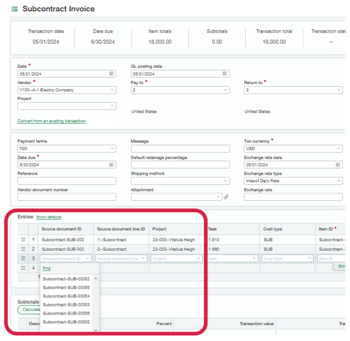 Sage Intacct Construction August 2024 Release: Combine lines from different POs or receipts into a single invoice.