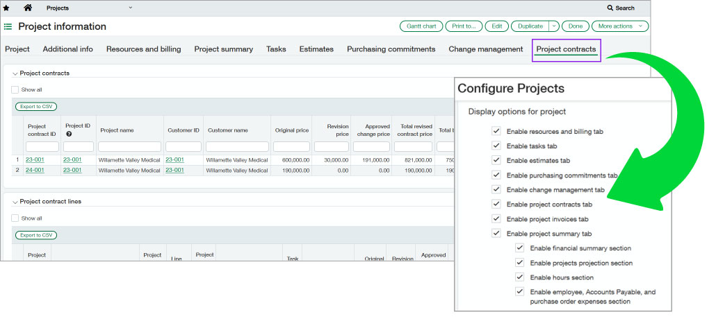 Sage Intacct Construction 2025 release 1 highlights: Configure which sections of the project summary tab are displayed.