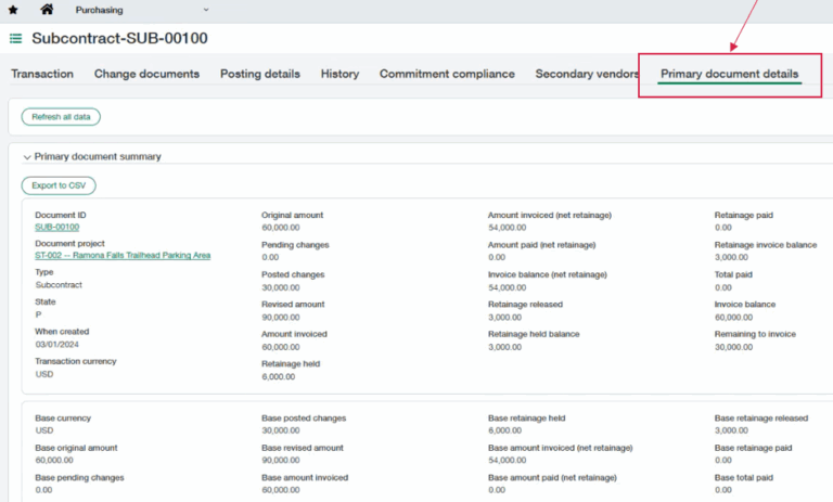 Sage Intacct Construction 2025 release 2 highlights: Primary document details tab.