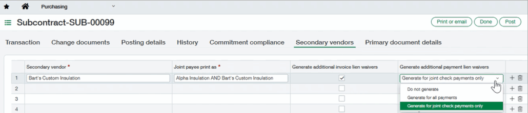 Sage Intacct Construction 2025 release 2 highlights: Granular control to manage secondary vendor's lien waiver.
