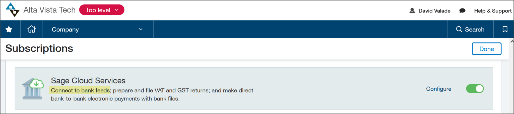 Sage Cloud Services: Toggle on to connect to bank feeds