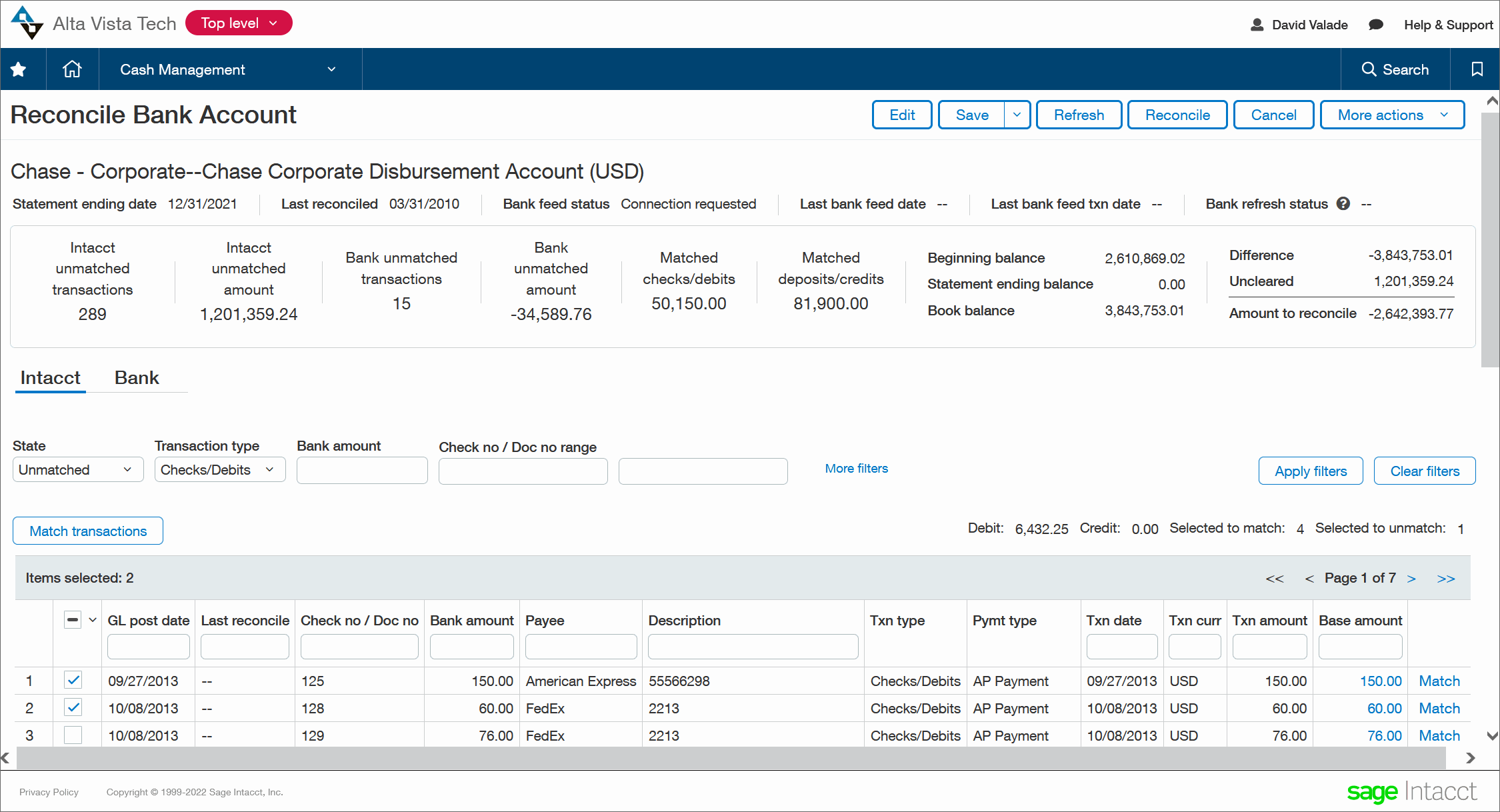 How to fix missing transactions in Sage Intacct Cash Management.
